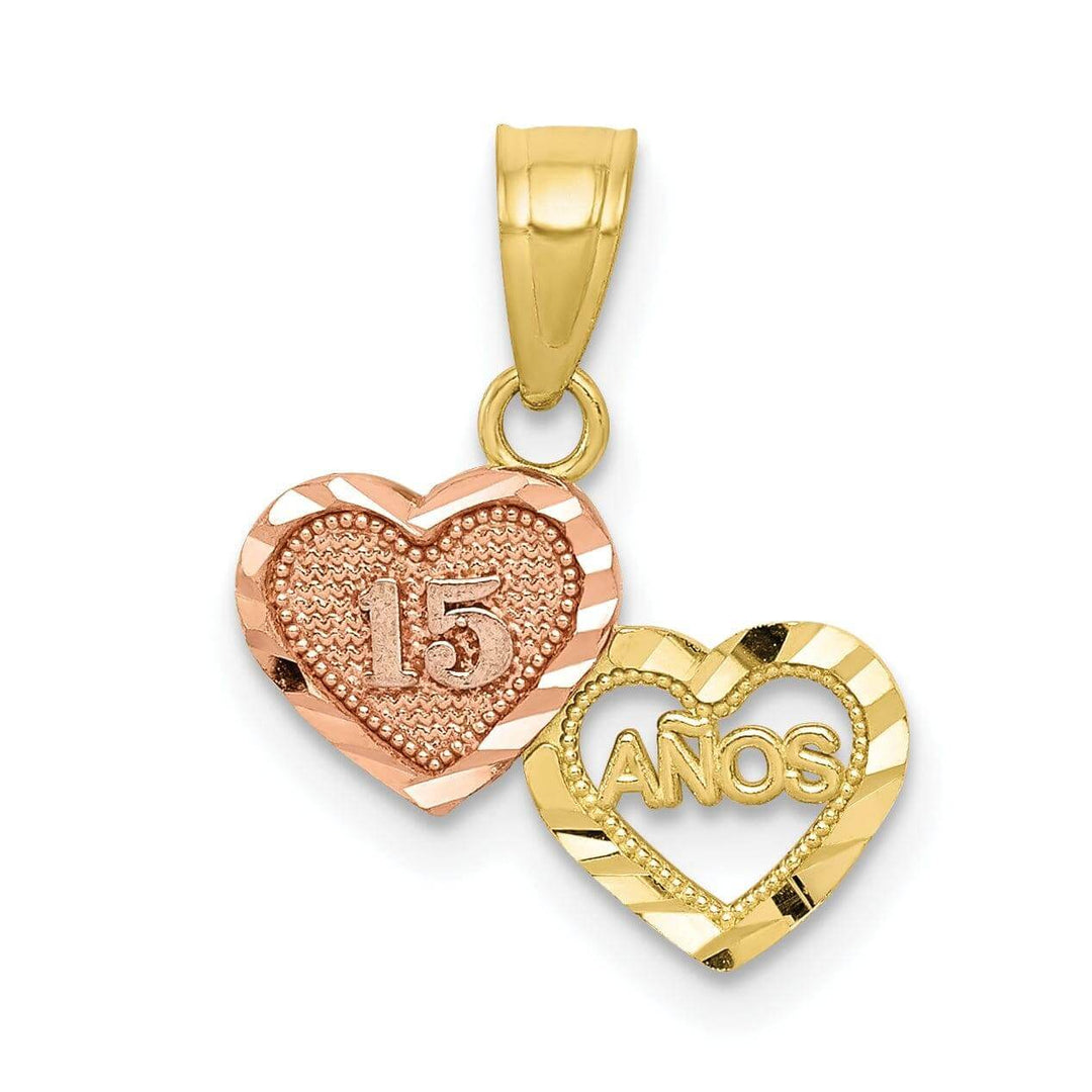 10K Two Tone Gold Double Heart Anos 15 Pendant