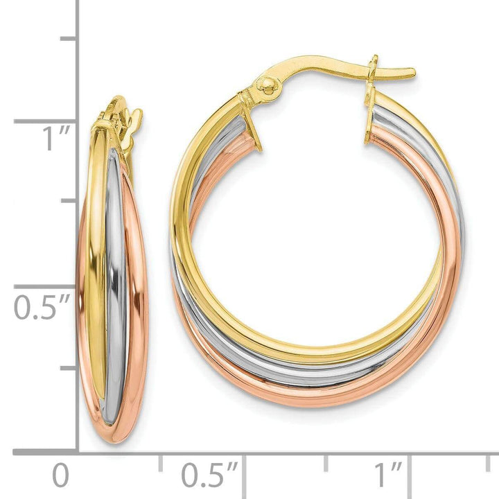 10k Tri Color Gold Polished Twisted Hoop Earrings