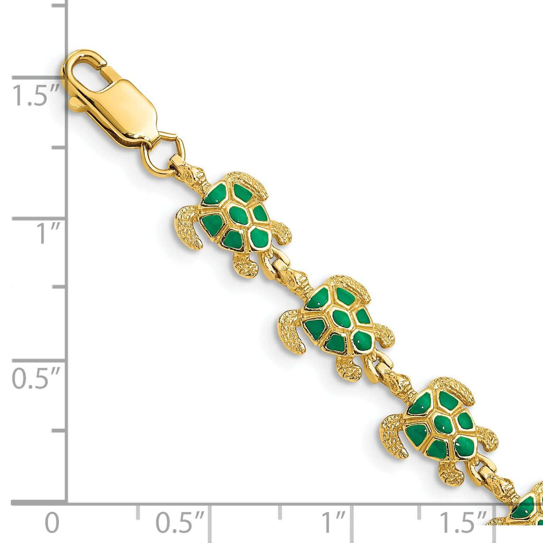 "Green Enamel 14K Gold Sea Turtle Bracelet - Lobster Clasp"