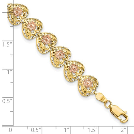 14K two-tone gold Heart with Flowers Bracelet-7.25inch