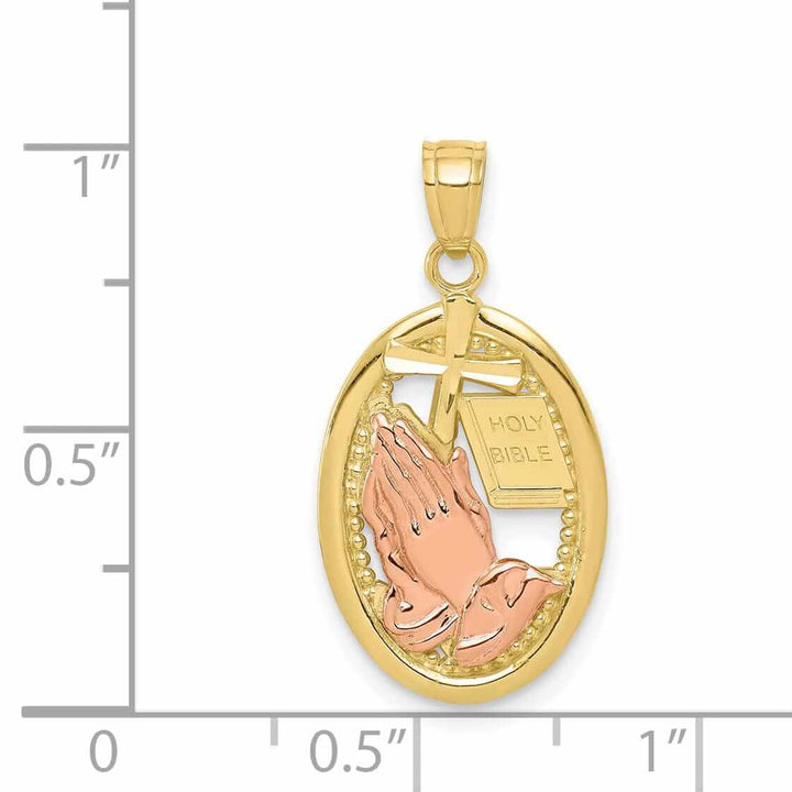 10K Two Tone Gold Praying Hands Oval Pendant