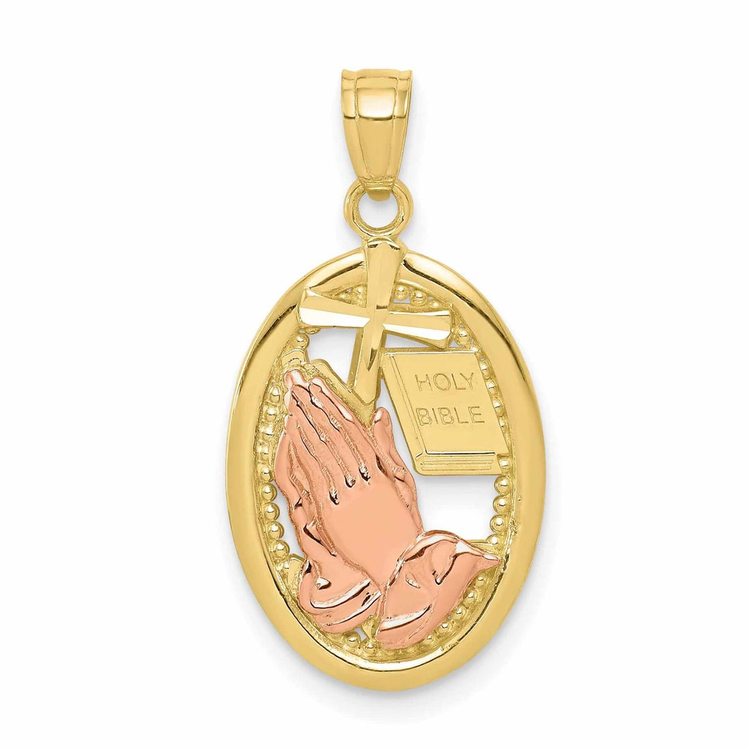10K Two Tone Gold Praying Hands Oval Pendant