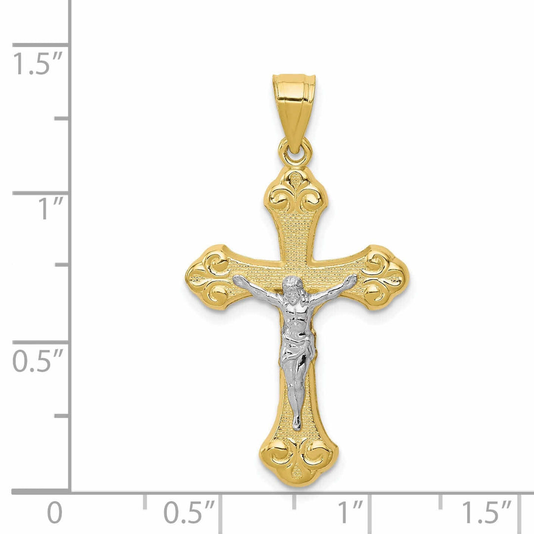 10k Yellow Rhodium Gold Textured Polished Crucifix