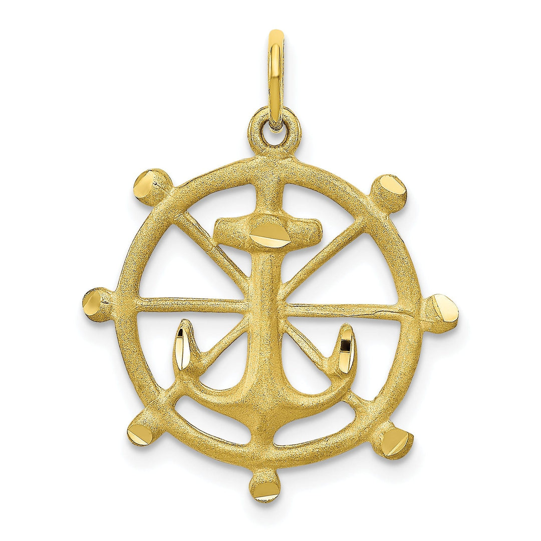 Solid 10k Yellow Gold Anchor In A Wheel Pendant
