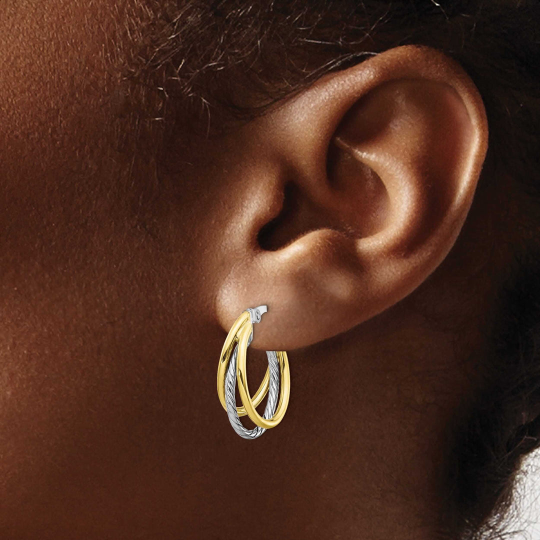 10K Two Tone Gold Polish Texture Hoop Earrings