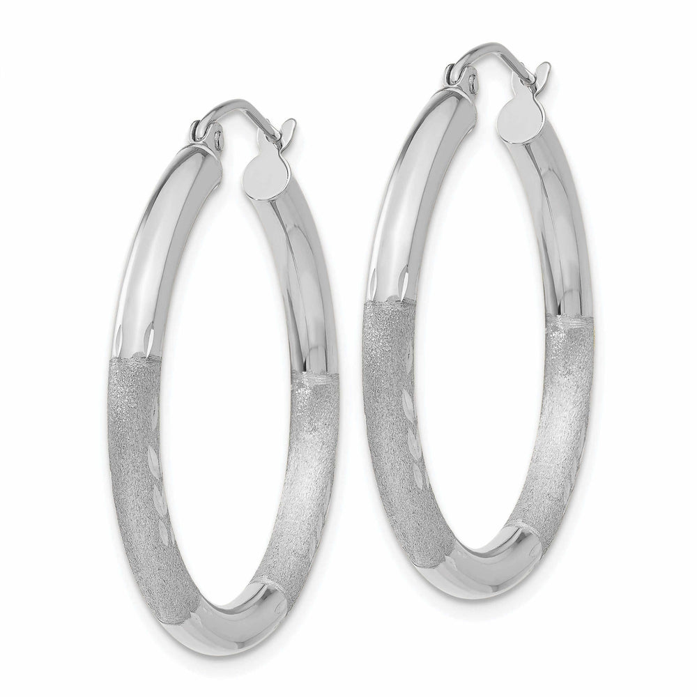 10k White Gold Satin Diamond Cut Round Hoop Earrings