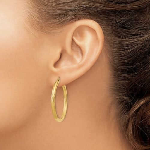 10k Yellow Gold Satin Diamond Cut Round Hoop Earring