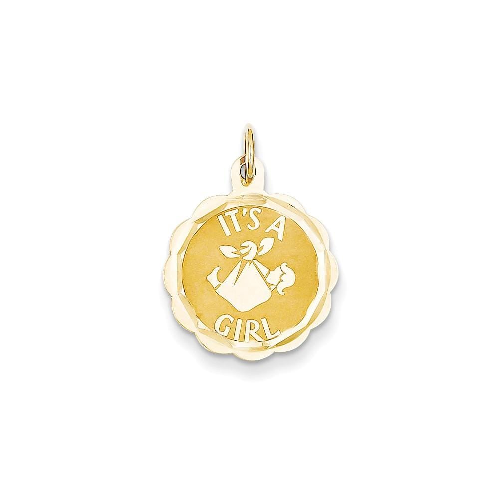 14k Yellow Gold Its a Girl Round Charm Pendant