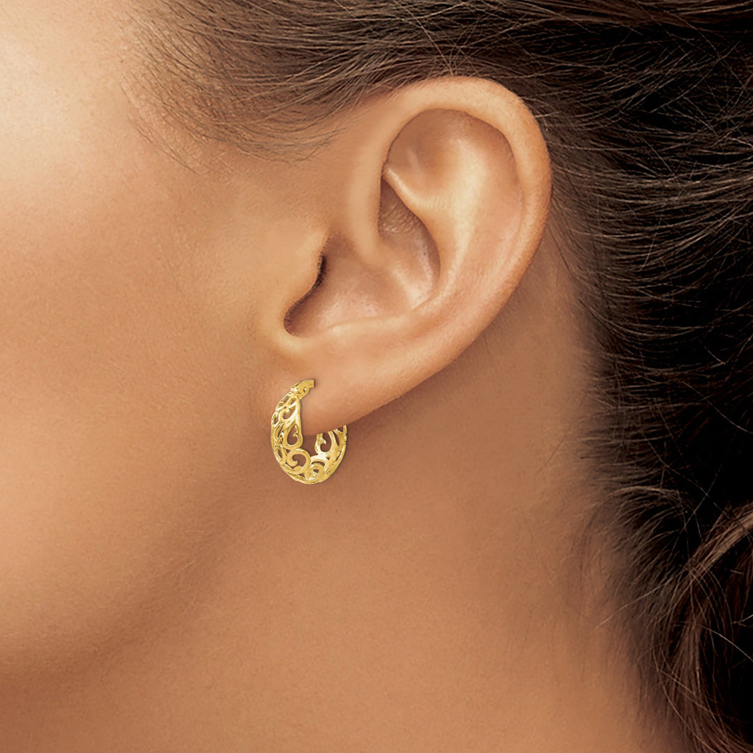 14k Yellow Gold Shrimp Creole Filigree Design Hinged Hoop Earrings