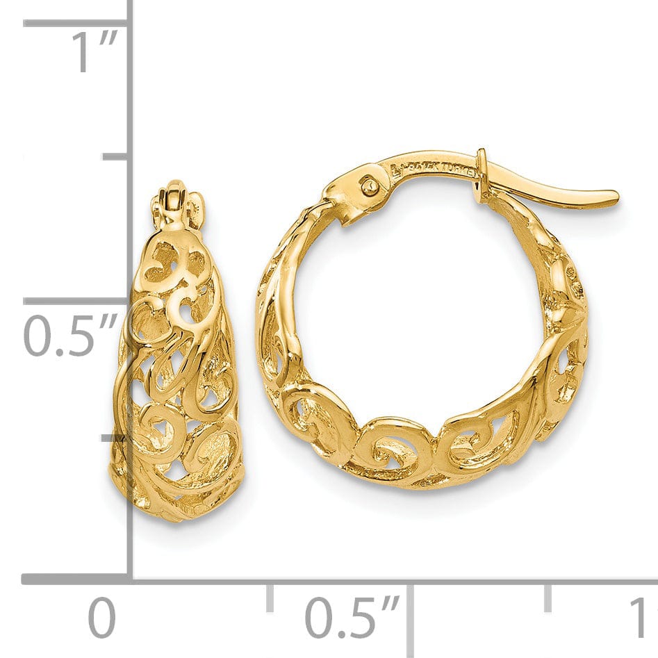 14k Yellow Gold Shrimp Creole Filigree Design Hinged Hoop Earrings