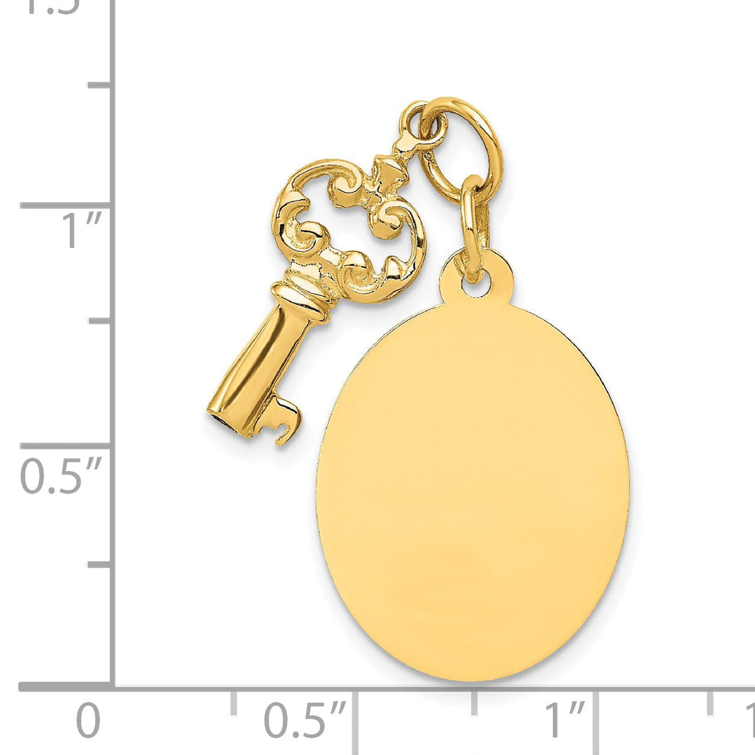 14K Yellow Gold Polished Finish Flat Back Engraveable Disc and Key Charm Pendant