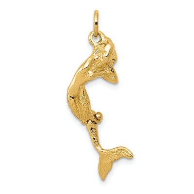 14k Yellow Gold Textured Polished Finish Womens 3-Dimensional Moveable Tail Mermaid Charm Pendant