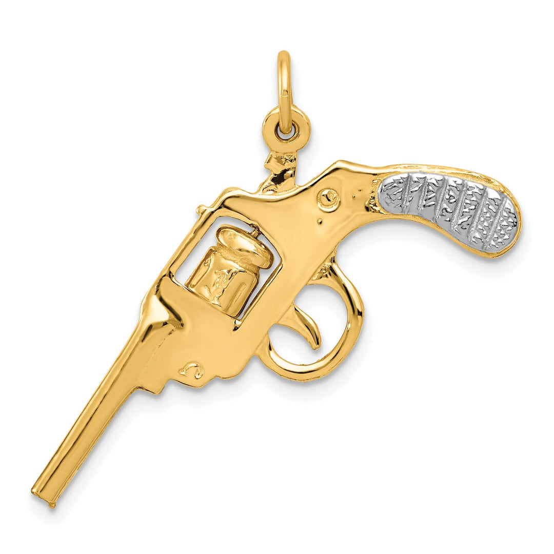 14k Yellow Gold White Rhodium Textured Polished Finish 3-Dimensional Moveable Revolver Charm Pendant