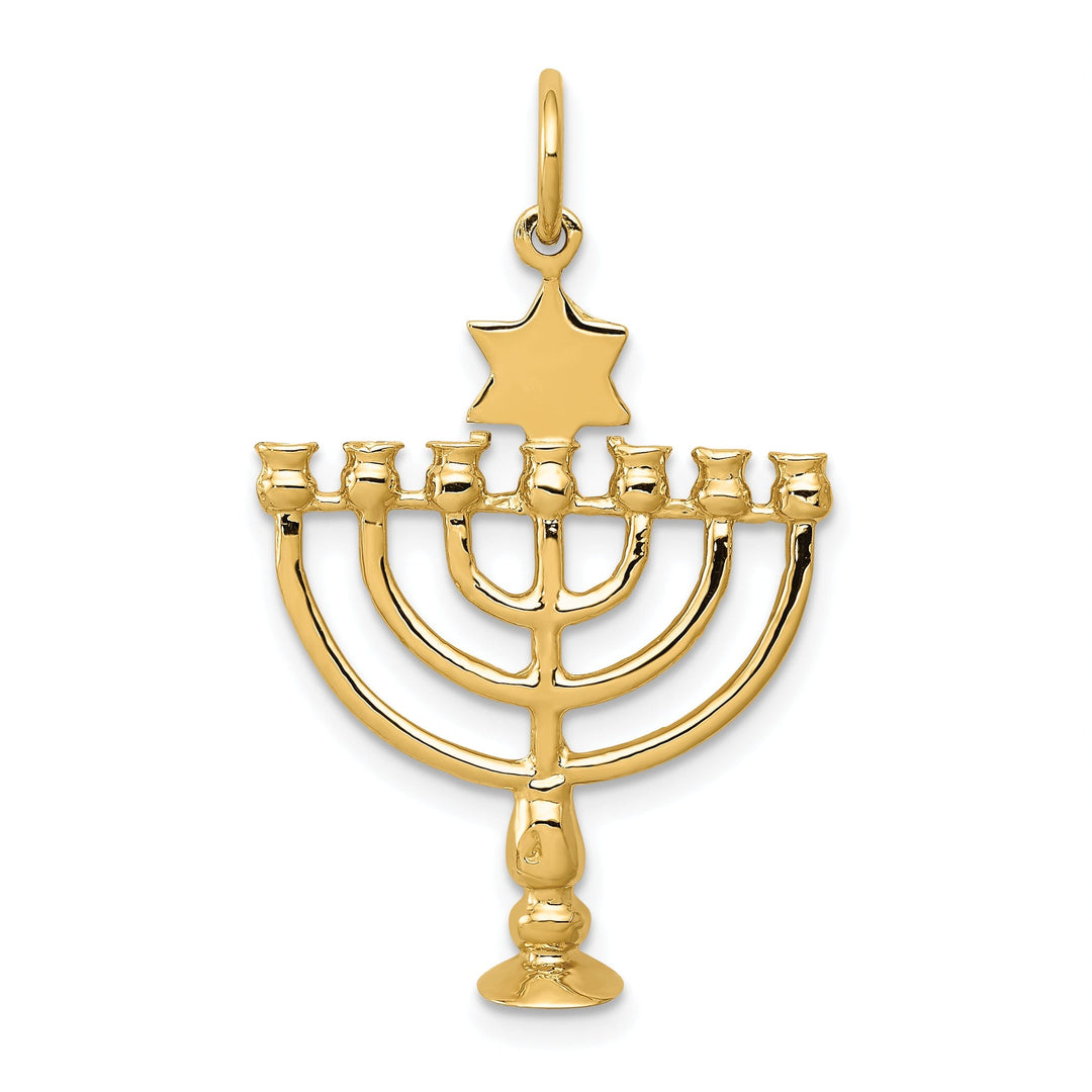 14K Yellow Gold Polish Finish 3-D Menorah Star of David Symbol Pendant