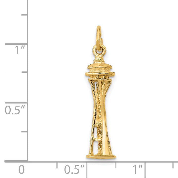 14k Yellow Gold Polished Textured Finish Solid 3-Dimensional Seattle Space Needle Building Charm Pendant