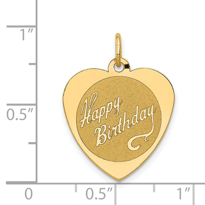 14k Yellow Gold Flat Back Solid Polished Brushed Finish Laser Engraved HAPPY BIRTHDAY Heart Disc Shape Design Charm Pendant