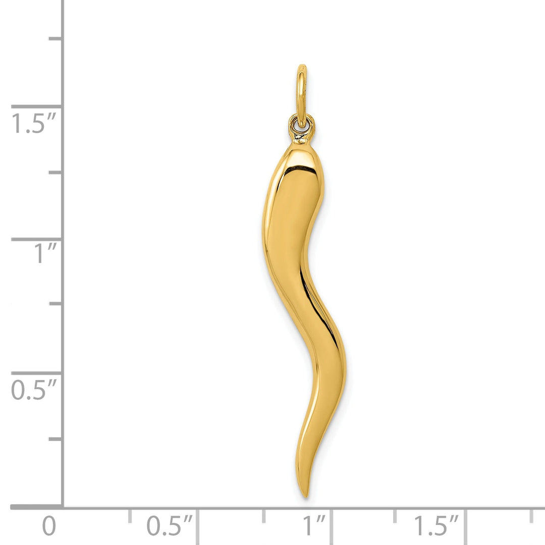 14k Yellow Gold Solid Polished Finish Large 3-Dimensional Italian Horn Charm Pendant