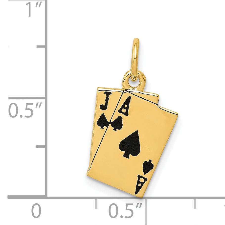 14k Yellow Gold Textured Polished Finish Black Enameled Blackjack Spades Playing Cards Charm Pendant