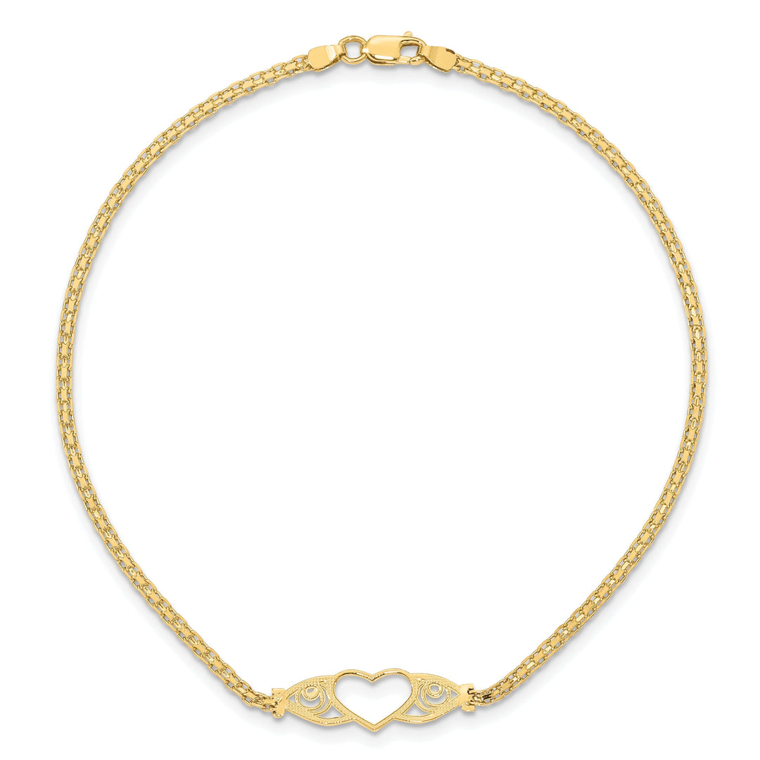 14K Yellow Gold Polished Antiqued Heart Anklet