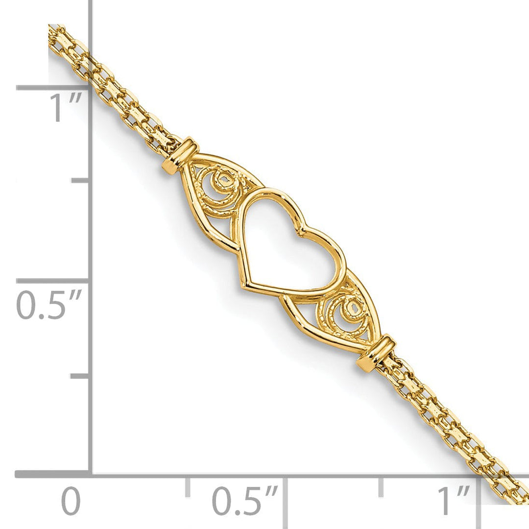 14K Yellow Gold Polished Antiqued Heart Anklet