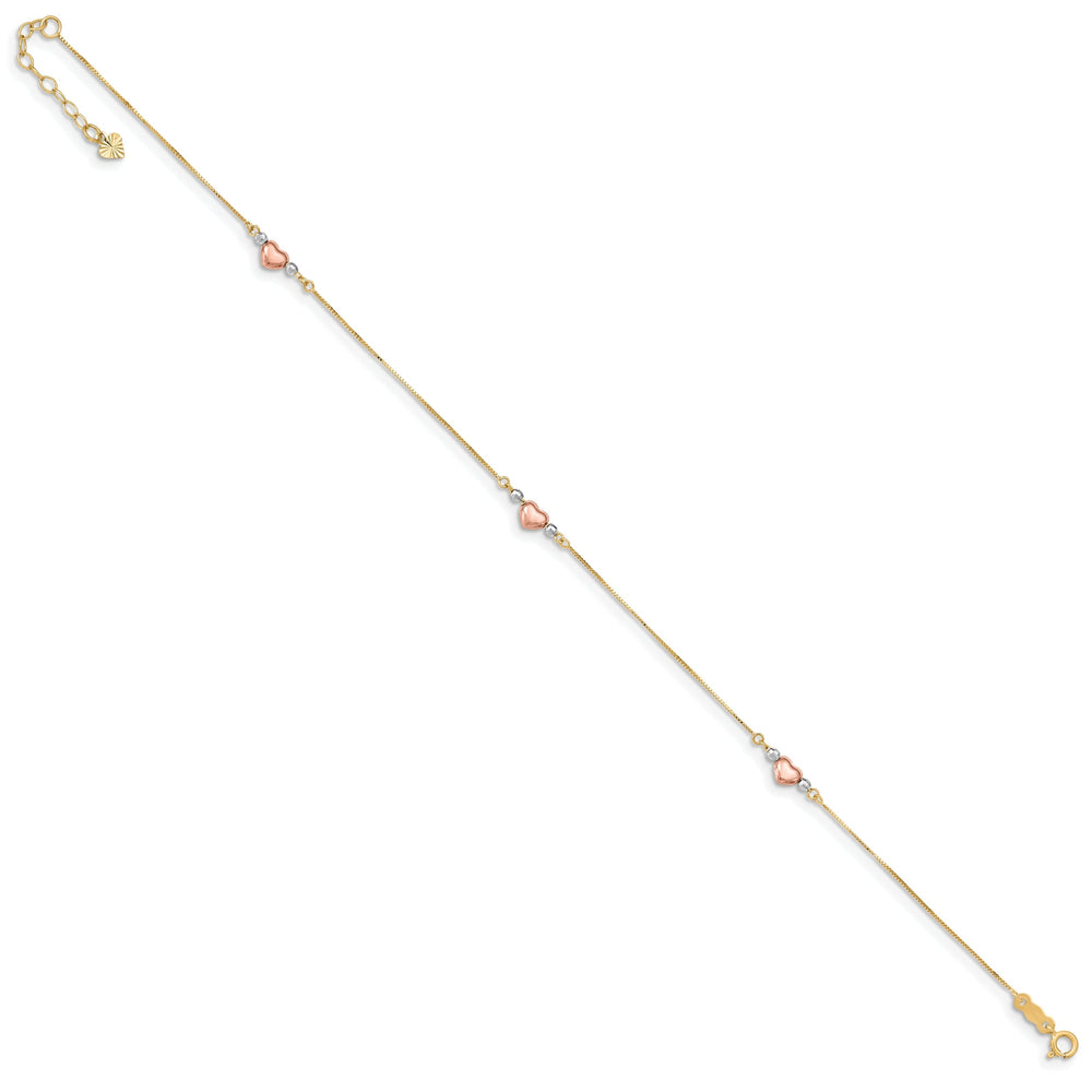 14k Tri-Gold Adjustable Puffed Heart Anklet