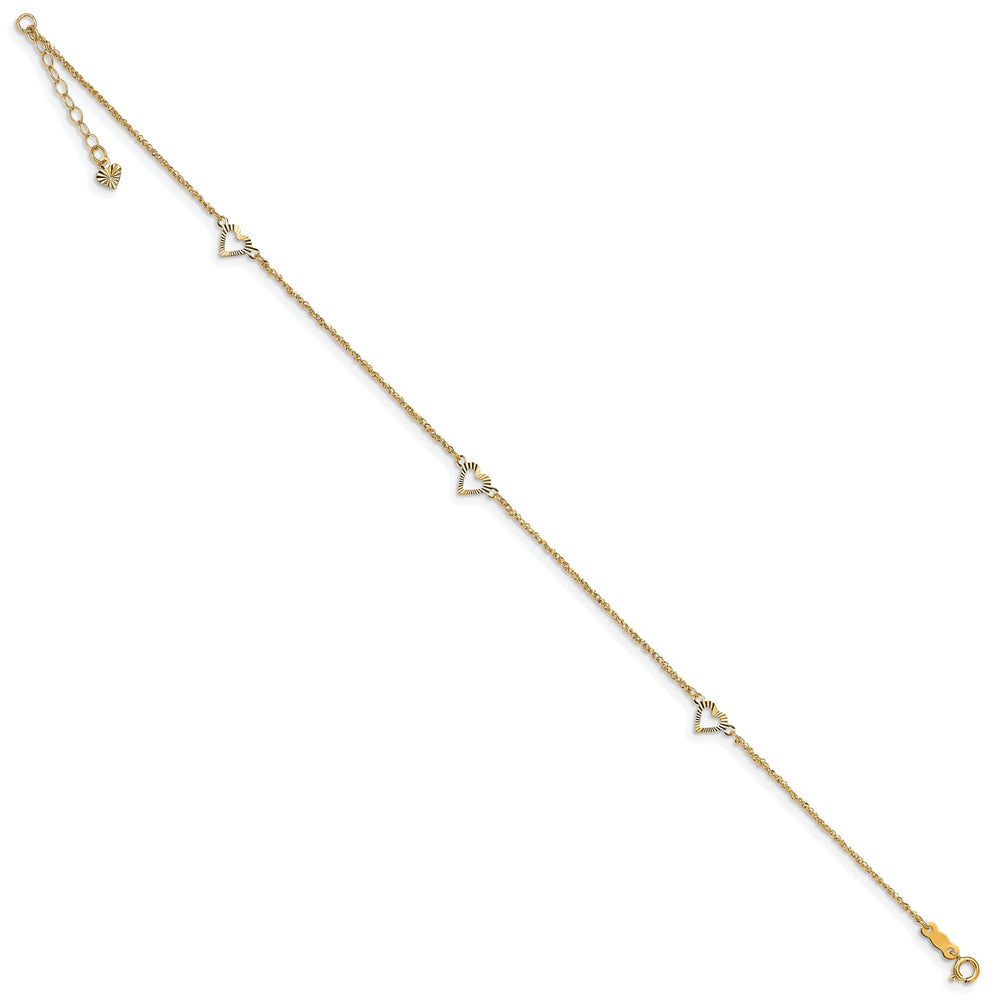 14k Yellow Gold Diamond Cut Hearts with 9 Anklet