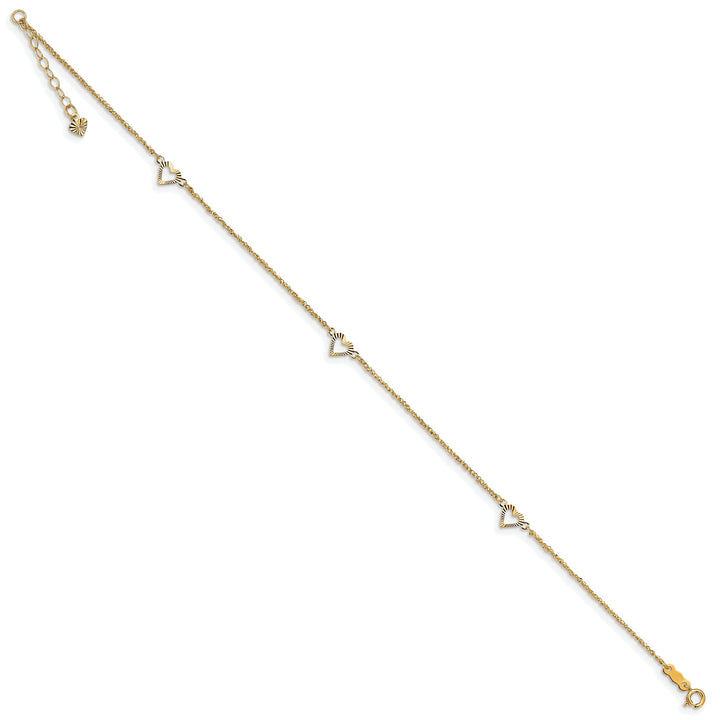 14k Yellow Gold Diamond Cut Hearts with 9 Anklet