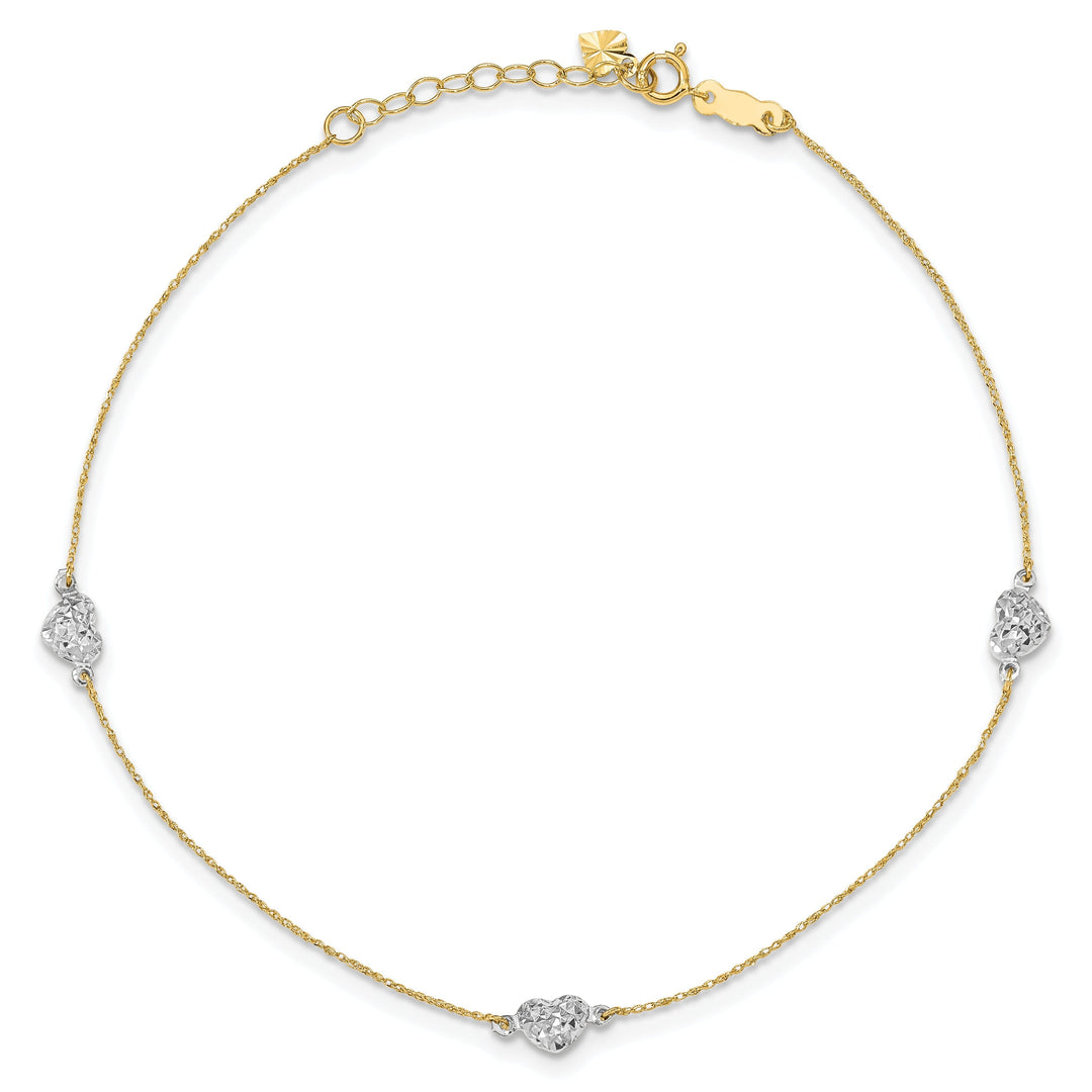 14k Two-tone Gold Puff Heart 9 Anklet
