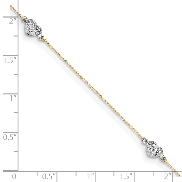 14k Two-tone Gold Puff Heart 9 Anklet