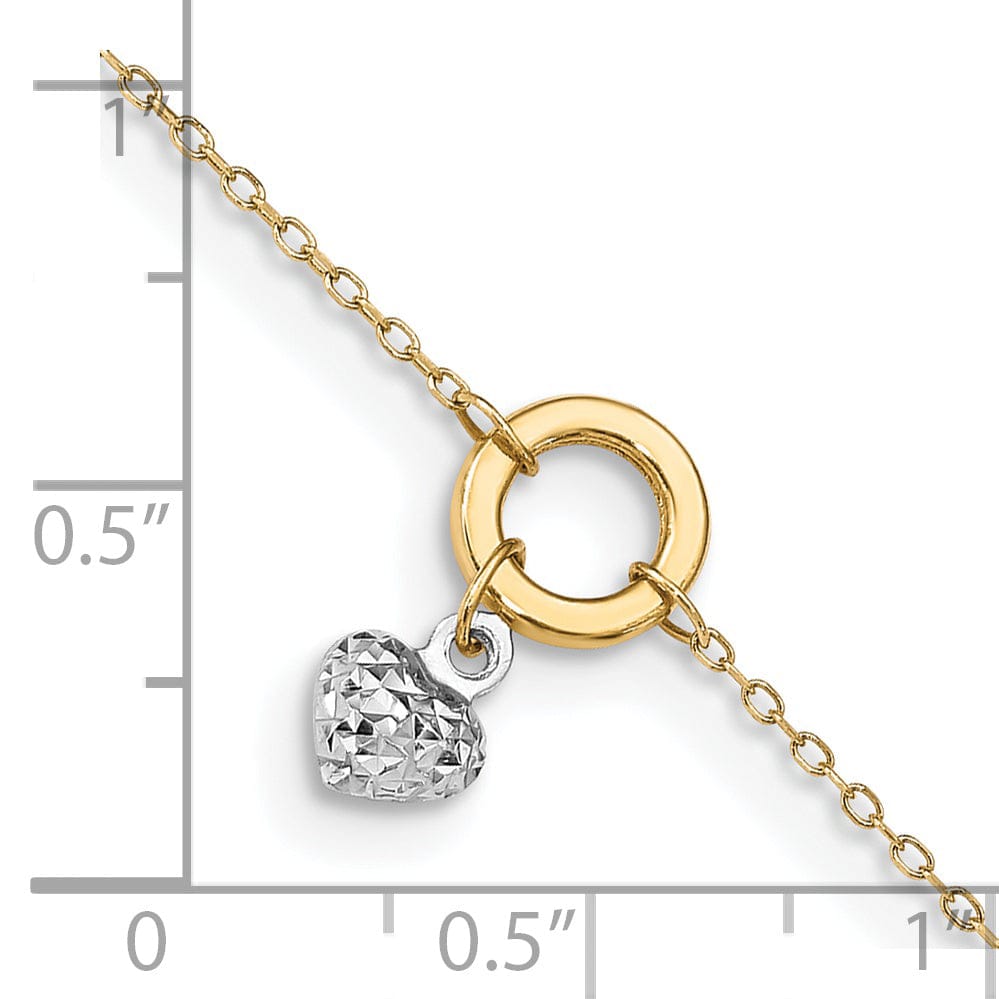 14k Two-tone Gold Circle/Diamond Cut Heart Anklet