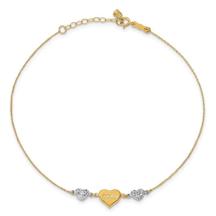14K Two-tone Gold Ropa Beads/Puff Heart MOM Anklet