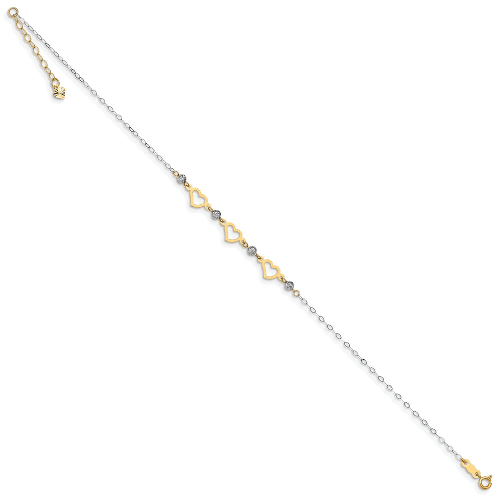 14K Two-tone Gold Oval Link Beads Heart Anklet