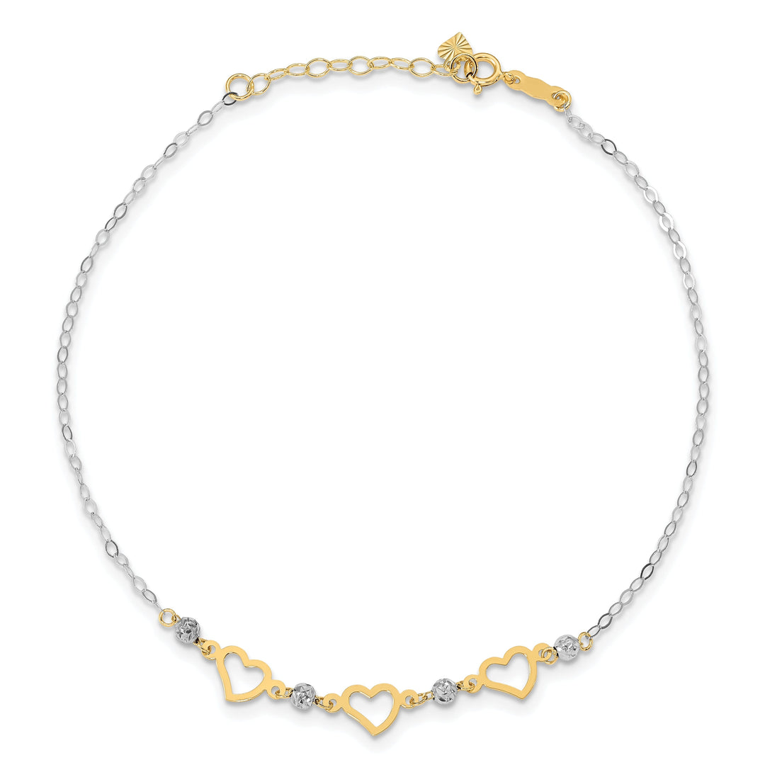 14K Two-tone Gold Oval Link Beads Heart Anklet
