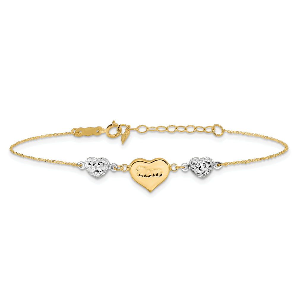 14K Two Tone gold Puffed MOM Heart 7inch Bracelet 1-inch ext.