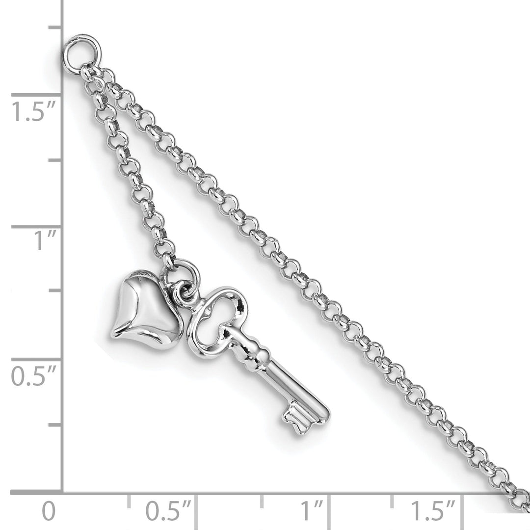 14k White Gold Polished Puffed Heart Key Anklet