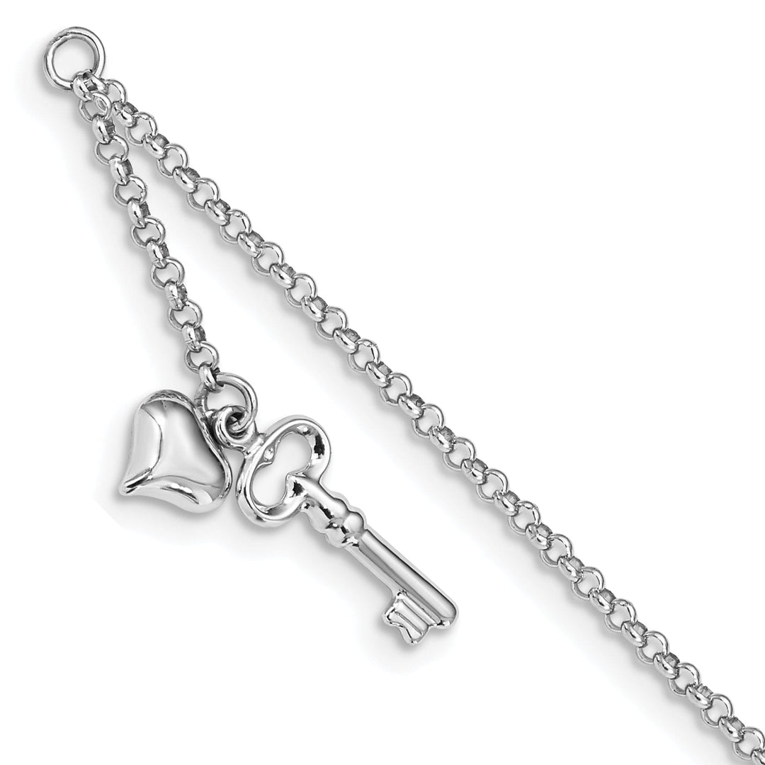 14k White Gold Polished Puffed Heart Key Anklet