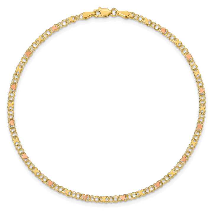 14k Yellow Gold Rhodium X's Hearts Anklet