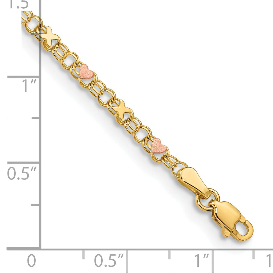 14k Yellow Gold Rhodium X's Hearts Anklet