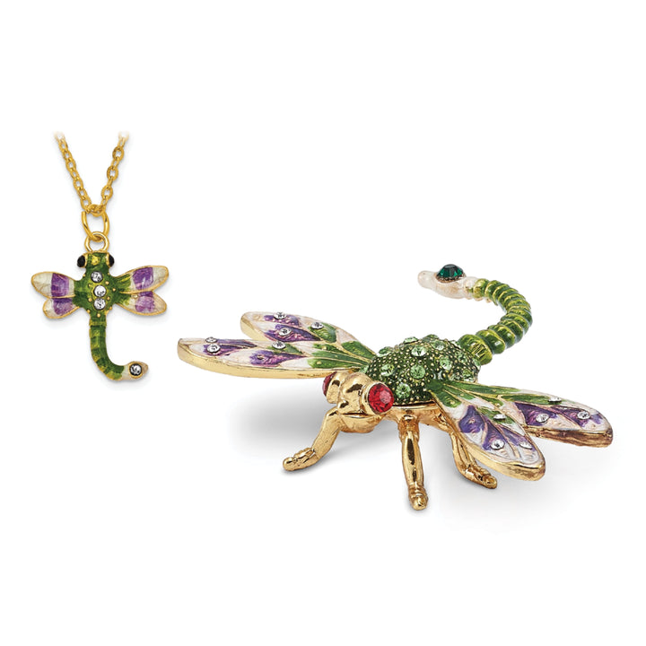 Bejeweled Pewter DEWEY Green Dragonfly Trinket Box Design