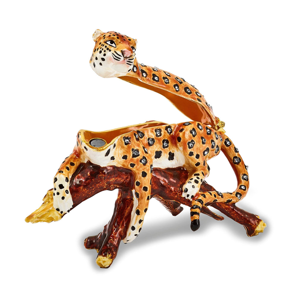 Bejeweled Multi Color Enamel LEOPOLD Leopard on Branch Trinket Box