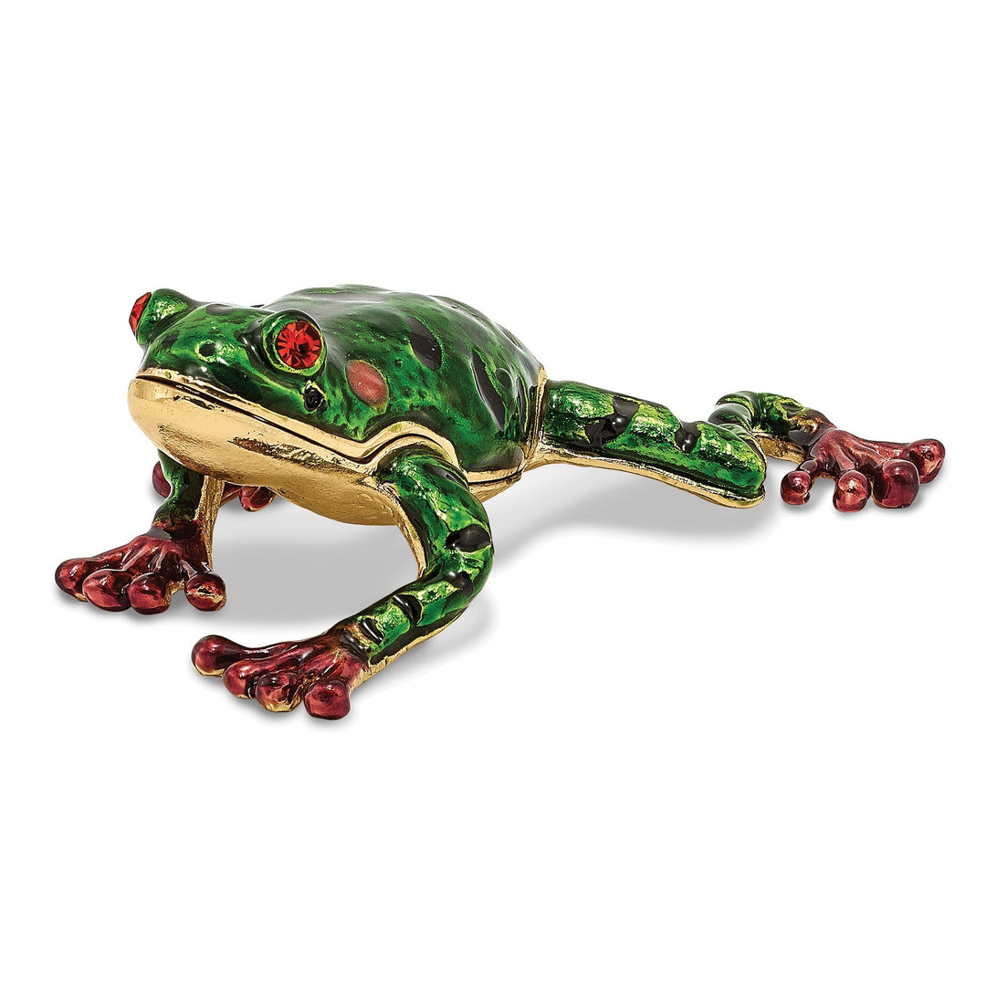 Bejeweled Green Brown Color Finish FRANK Red Eyed Frog Trinket Box