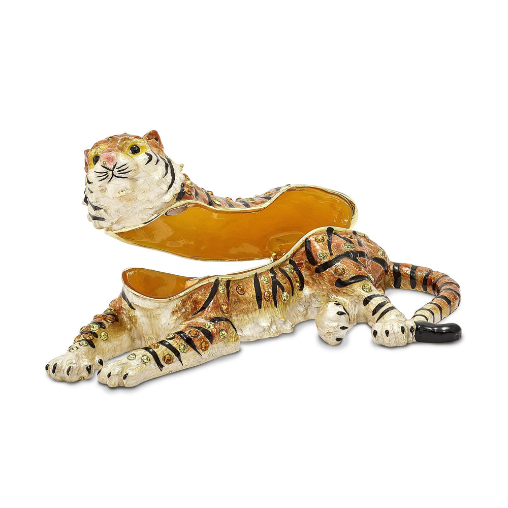 Bejeweled Pewter Multi Color Enamel TALINDA Relaxing Tiger Trinket Box