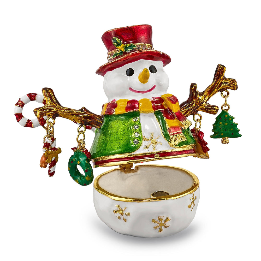 Bejeweled Pewter Multi Color Finish LOGAN Snowman Tree Trinket Box