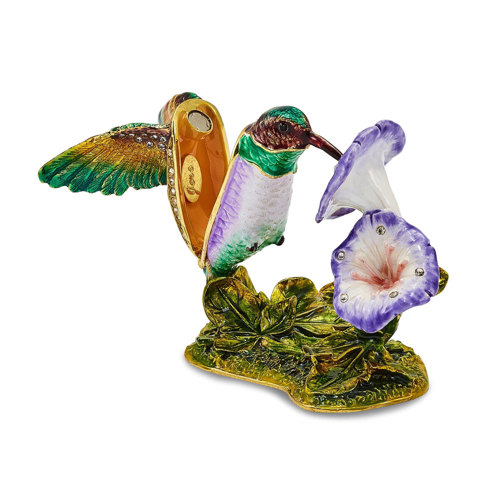 Bejeweled Pewter STELLA Hummingbird Morning Glory Trinket Box Design