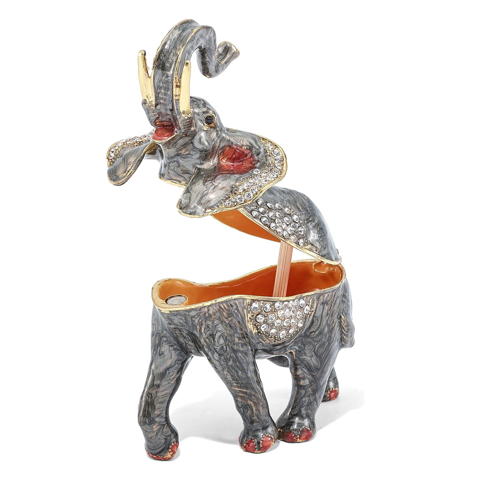 Bejeweled Gray,Pink Color Enamel ZARA Trumpeting Elephant Trinket Box