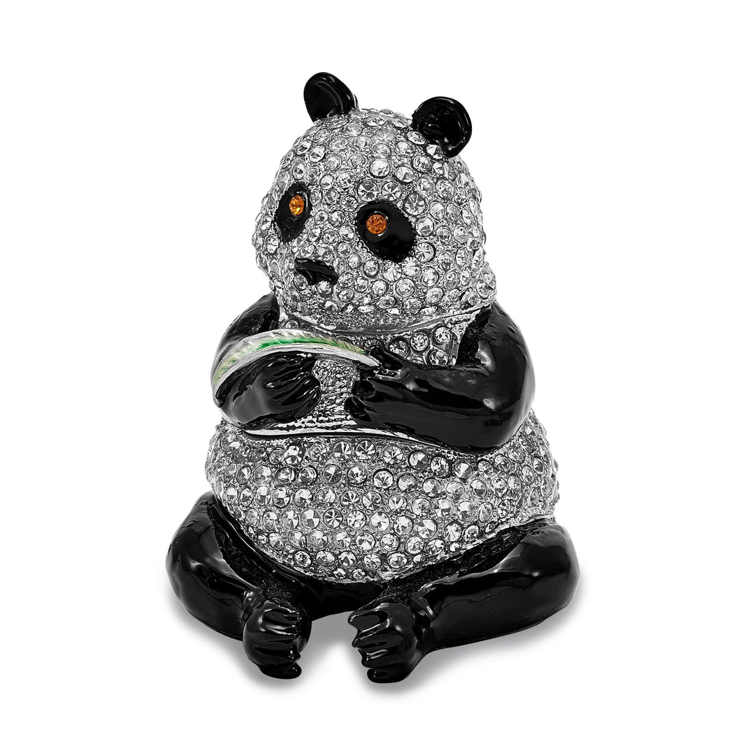 Bejeweled Pewter Multi Color LING LING Panda Bear Leaf Trinket Box