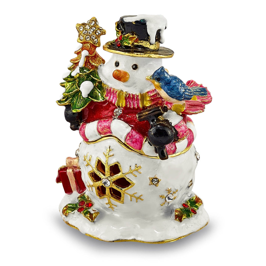 Bejeweled Pewter Multi Color Finish HOLLY JOLLY Snowman Trinket Box