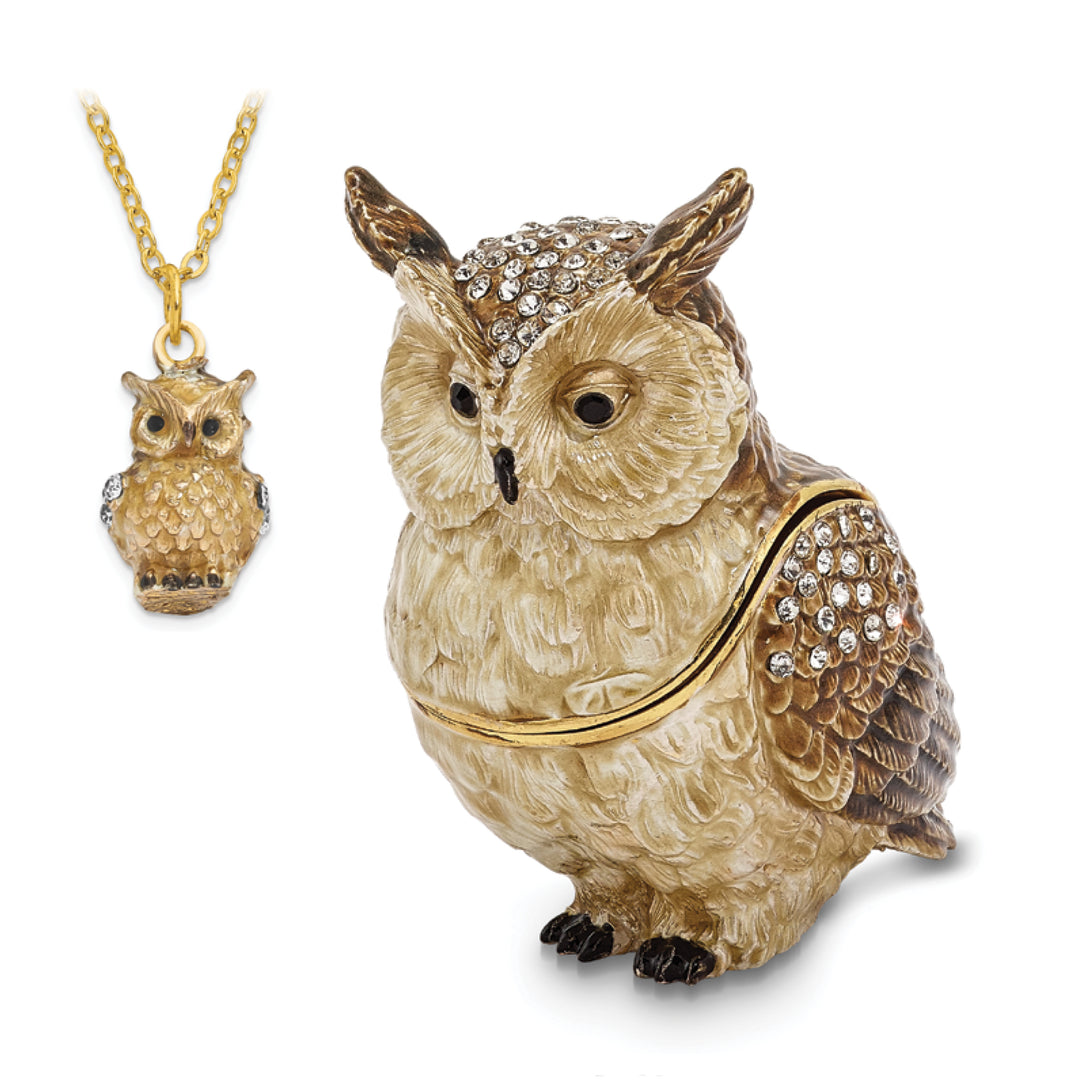 Bejeweled Pewter HOOTIE Horned Owl Trinket Box Design