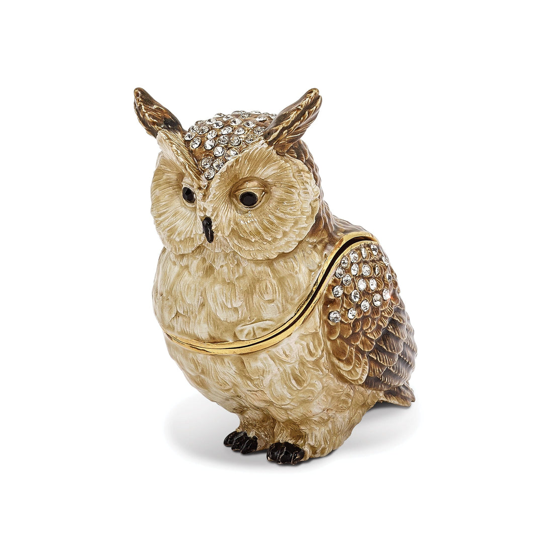 Bejeweled Pewter HOOTIE Horned Owl Trinket Box Design