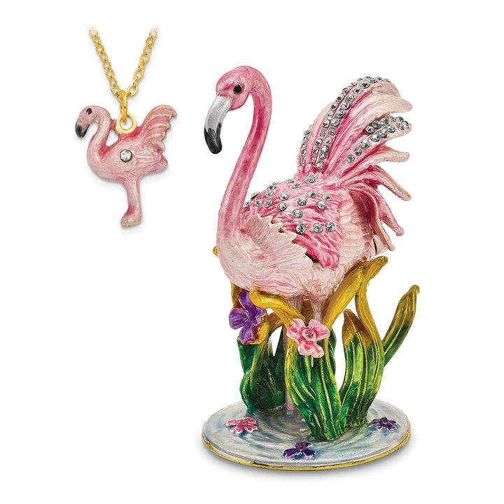 Bejeweled Pewter Color Enamel JEZEBEL Pink Flamingo Trinket Box Design